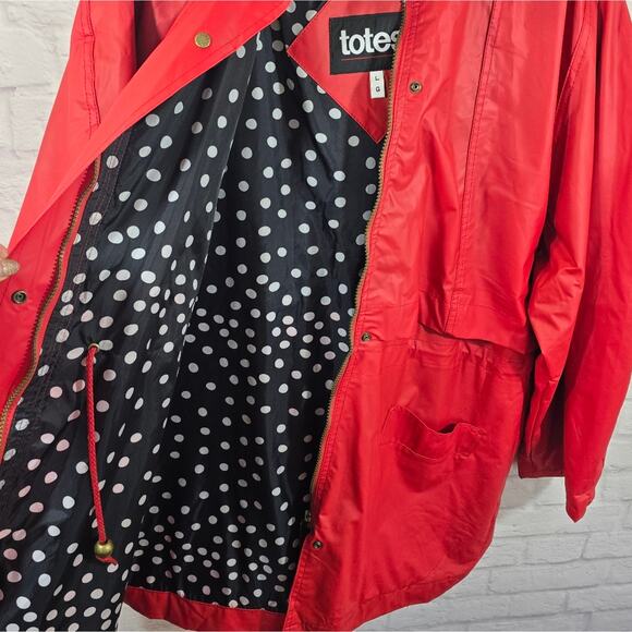 M Totes Red Raincoat Vintage Women's Size L Black White Polka Dot Lined Hooded - Picture 6 of 14